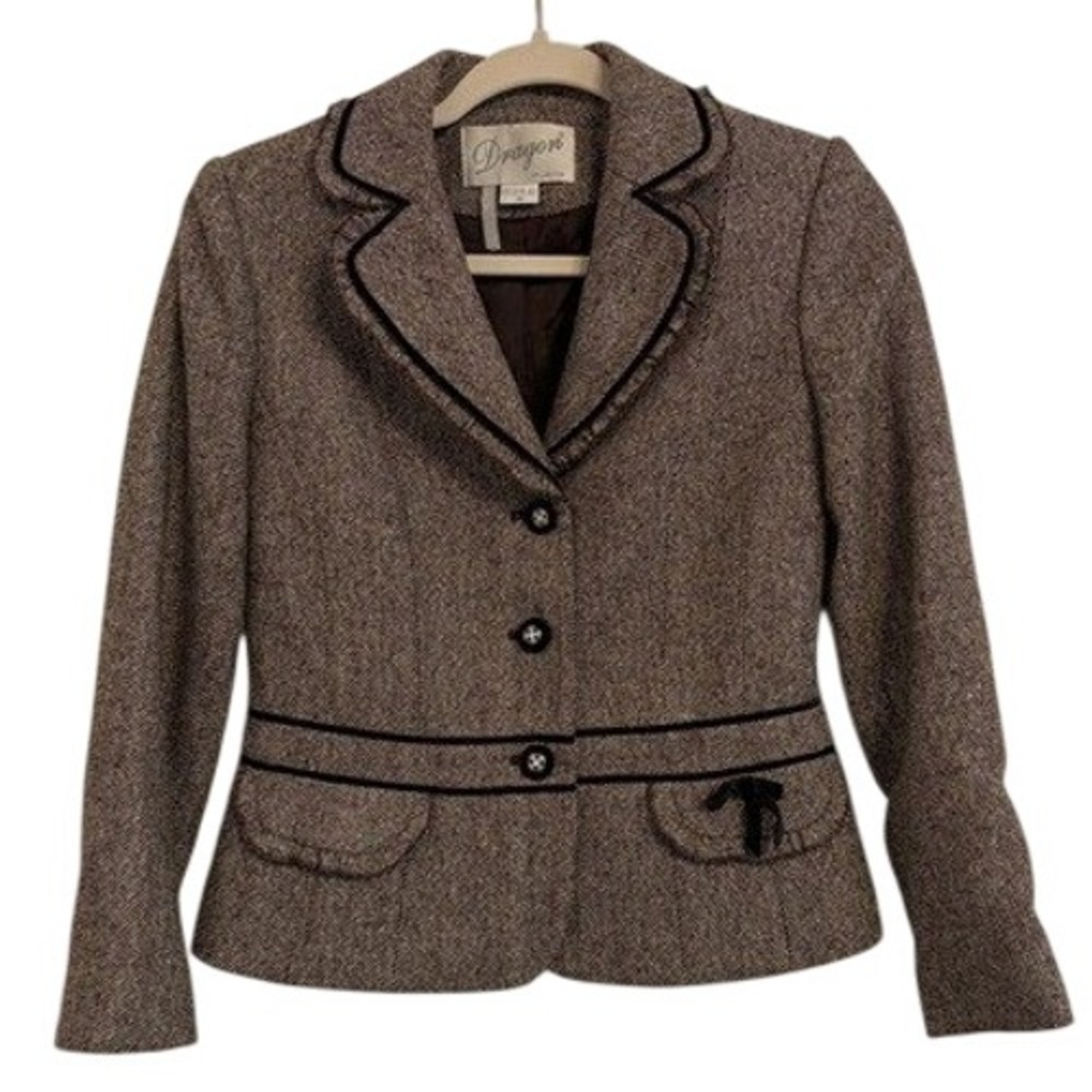 Vintage Y2K Dragon Collection Brown Tweed Blazer Velvet Trim Size 38/L